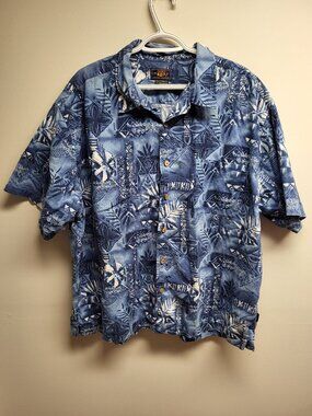 Route 66 Hawaiian Shirt Blue Tropical Print Button-Up Men's XL